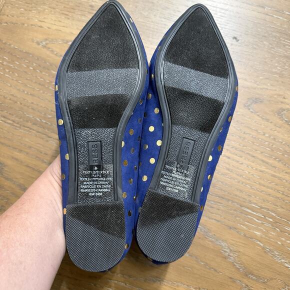 Express Shoes Womens Size 8 Royal Blue Pointed Toe Flats Gold Polka Dot Slip On - Picture 4 of 7